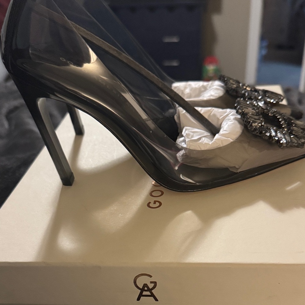 NIB GOOD AMERICAN Cinder-F*cking-Rella smoke translucent w/ jeweled toe SZ 5.5 - Picture 10 of 11
